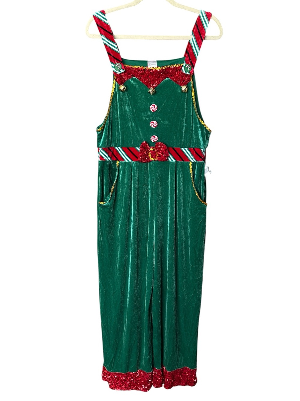 NWT No Boundaries Green Elf Jumpsuit Large (11-13) Velvet Sequin Candy Cane